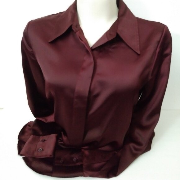 Worthington Satin Burgundy Small Long Sleeve Blouse - Picture 1 of 11